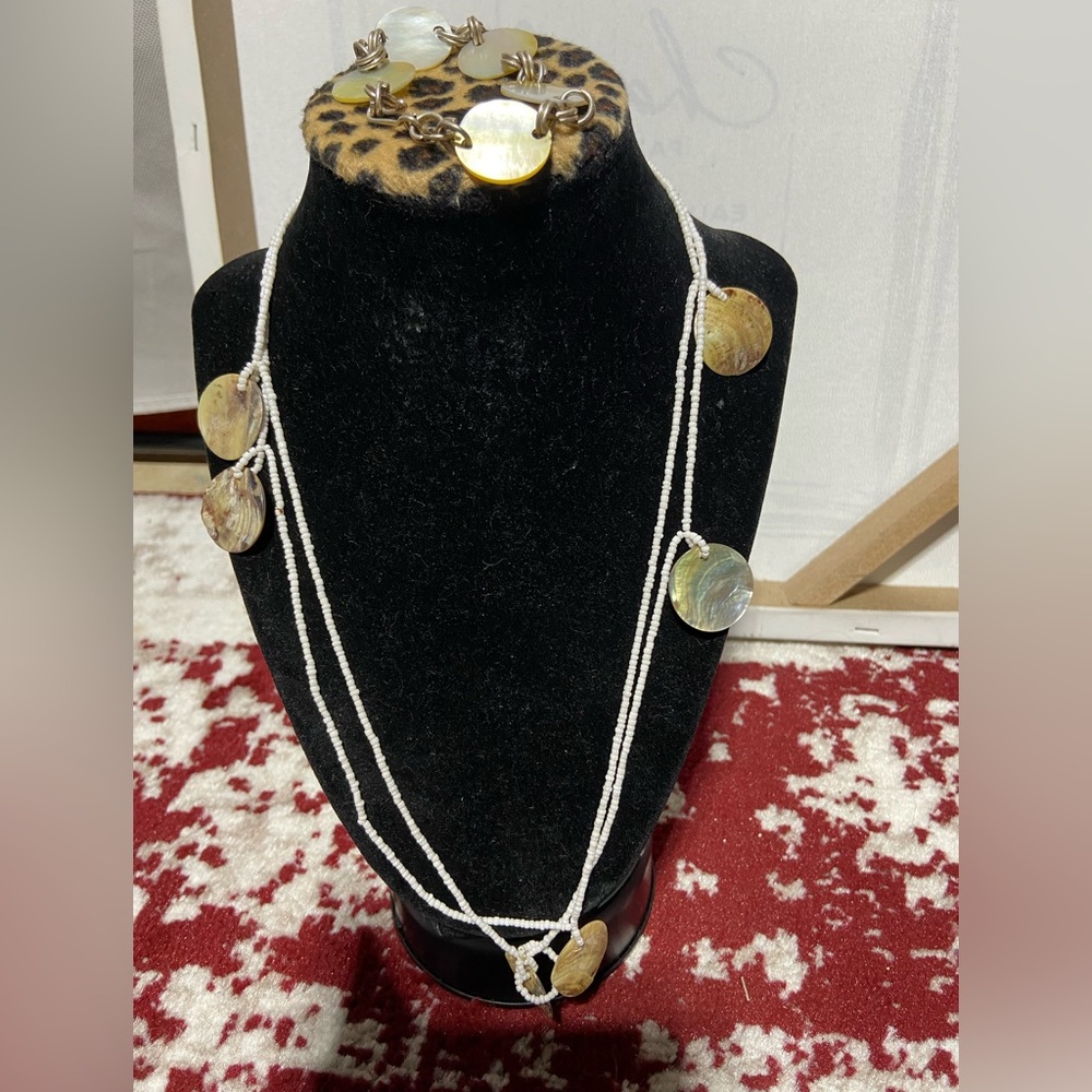 Vintage Mother of Pearl Disc Single Strand Seed Bead Necklace and Bracelet Lot